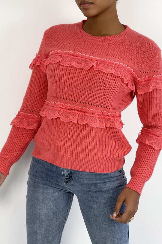 Coral round-neck sweater with openwork ruffle details - 7