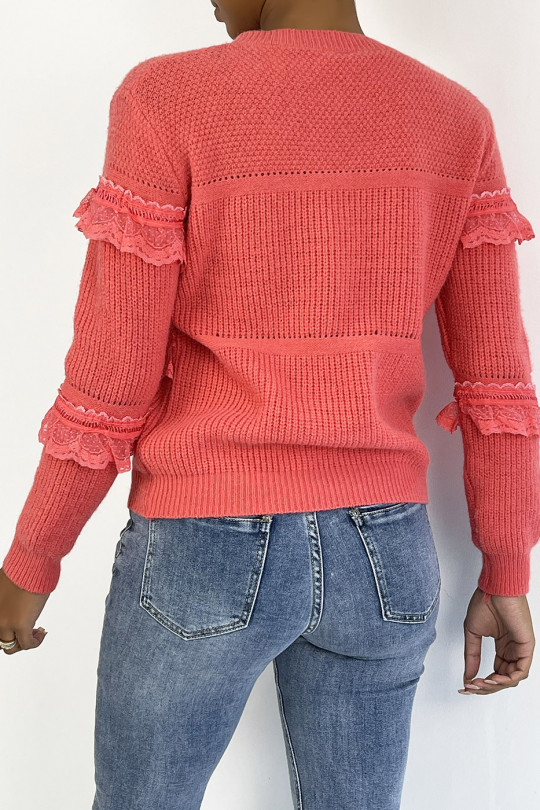 Coral round-neck sweater with openwork ruffle details - 9