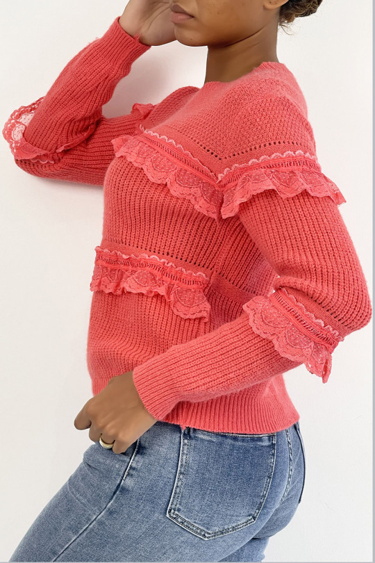 Coral round-neck sweater with openwork ruffle details - 11