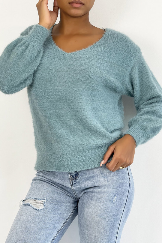 Pull dos nu bleu tout doux à manches bouffantes Pull dos nu bleu tout doux à manches bouffantes