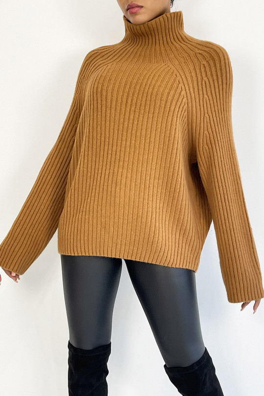 Brown oversized ribbed sweater with wide sleeves - 1