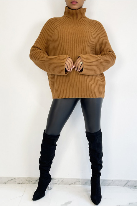 Pull côtelé oversize marron à manches larges - 2