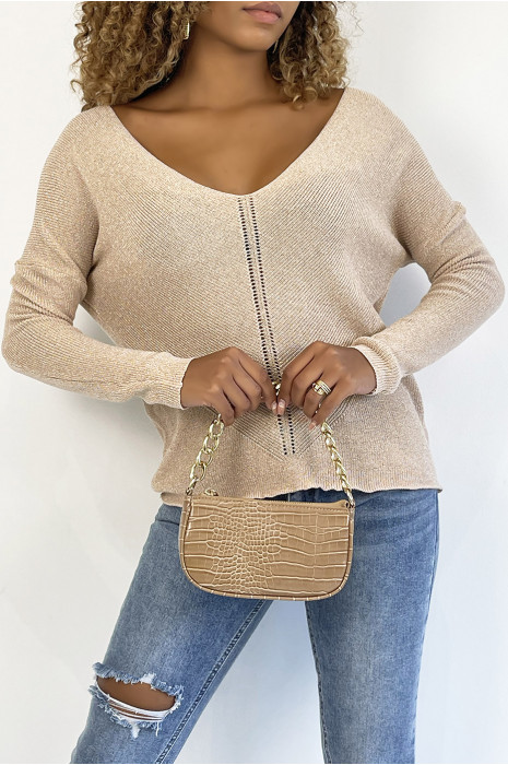 Glanzend roze V-hals trui met opengewerkt lijndetail - 1