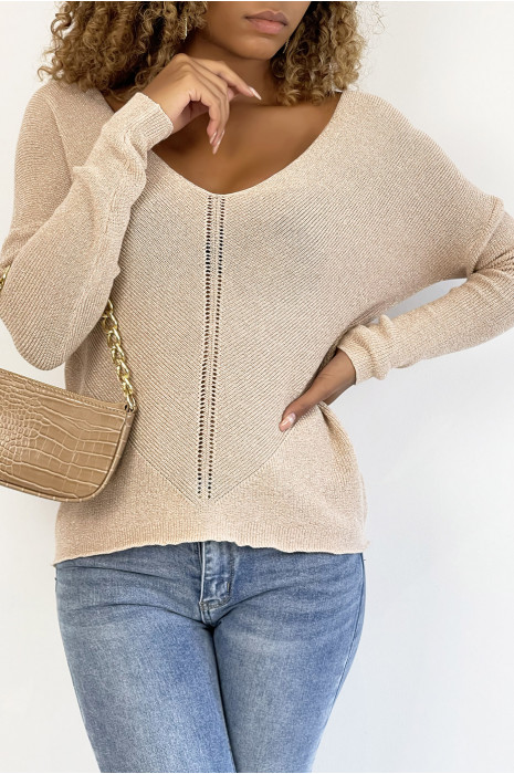 Shiny pink V-neck sweater with openwork line detail - 2