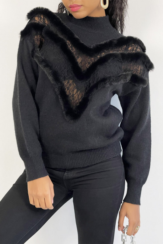 PuBZ black with V pattern in lace and faux fur - 2