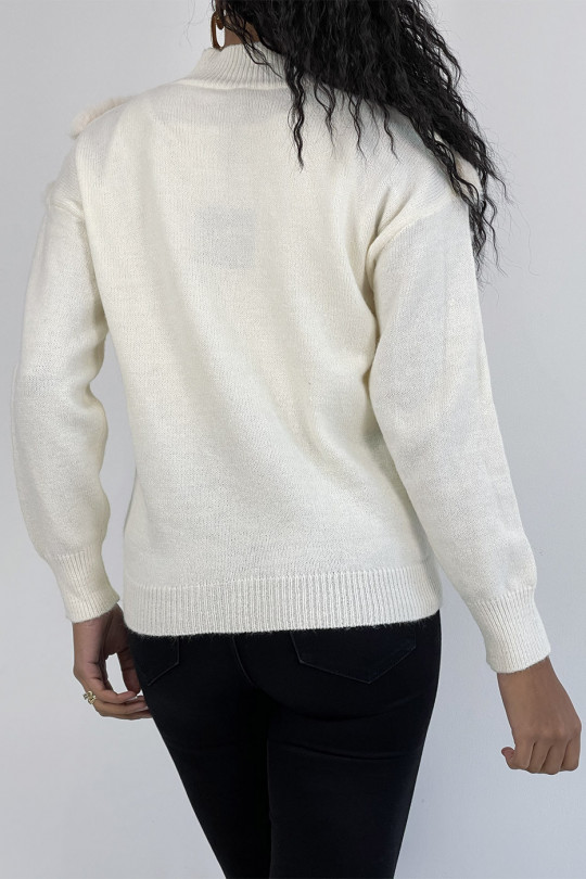 Pull écru à motif V en dentelle et fausse fourrure - 1