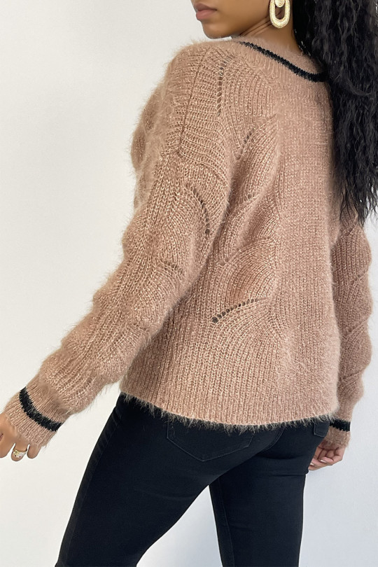 Pull col V camel en grosse maille brillante ajourée - 2