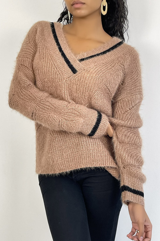 Pull col V camel en grosse maille brillante ajourée - 4
