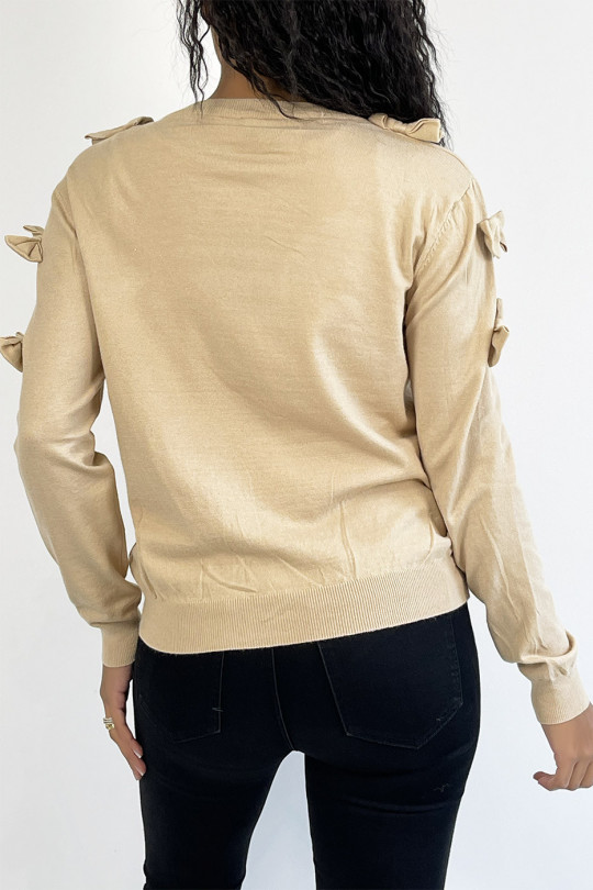 Basic beige sweater with butterfly knots on the shoulders - 1