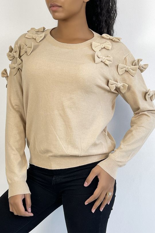 Basic beige sweater with butterfly knots on the shoulders - 4