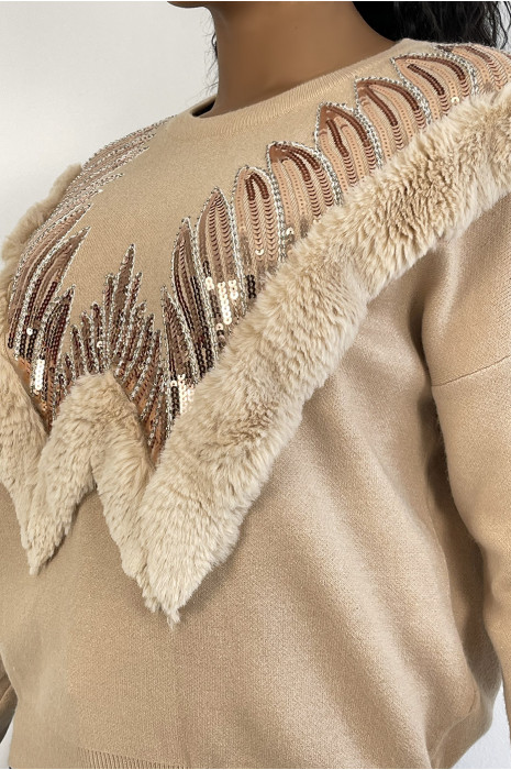 Beige sweater with round neck and faux fur and rhinestone pattern - 2