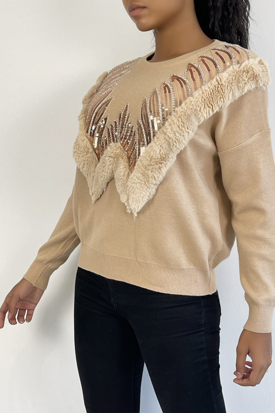 Beige sweater with round neck and faux fur and rhinestone pattern - 3
