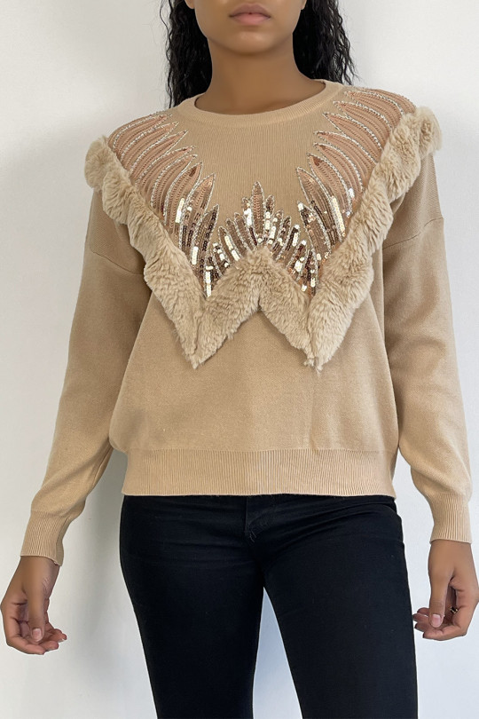 Beige sweater with round neck and faux fur and rhinestone pattern - 4
