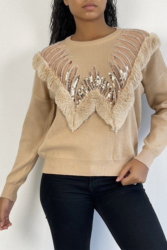 Beige sweater with round neck and faux fur and rhinestone pattern - 5