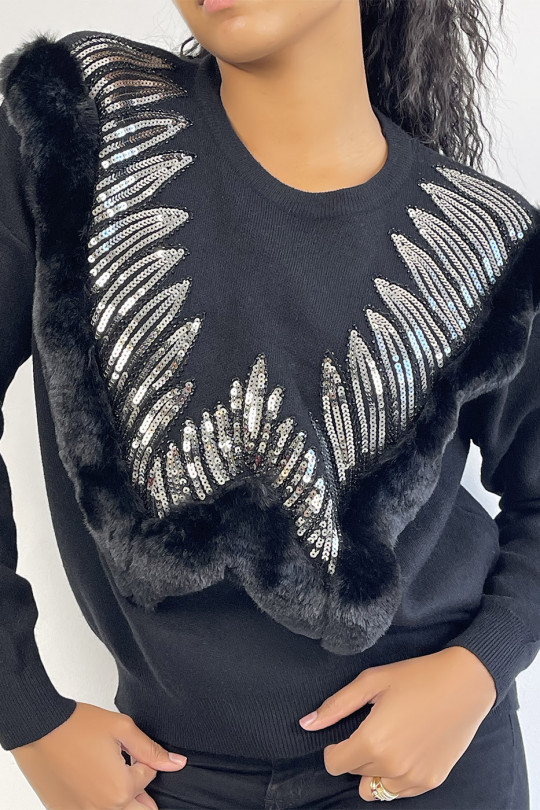 Black sweater with round neck and faux fur and rhinestone pattern - 2