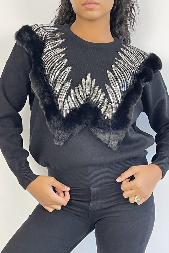 Black sweater with round neck and faux fur and rhinestone pattern - 3