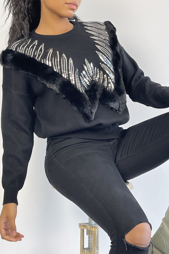 Black sweater with round neck and faux fur and rhinestone pattern - 4