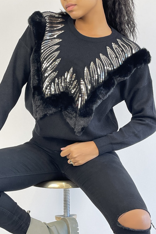 Black sweater with round neck and faux fur and rhinestone pattern - 5