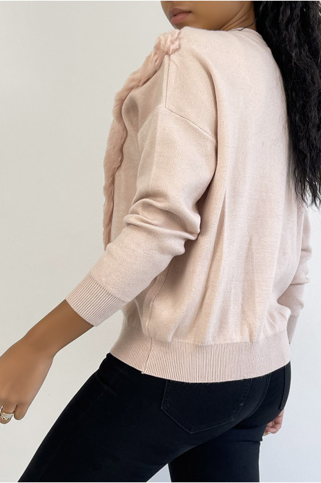 Roze trui met ronde hals en imitatiebont en strass-patroon - 1