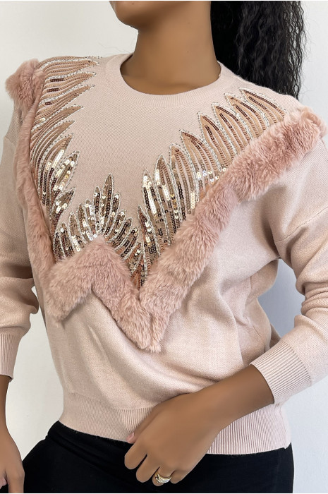 Pink sweater with round neck and faux fur and rhinestone pattern - 2