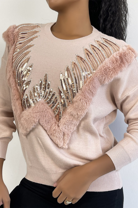 Pink sweater with round neck and faux fur and rhinestone pattern - 2