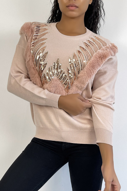Pink sweater with round neck and faux fur and rhinestone pattern - 3