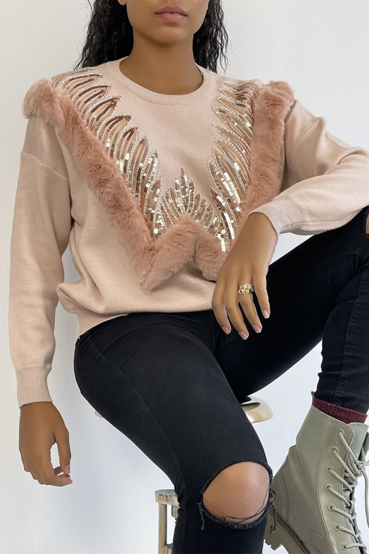 Pink sweater with round neck and faux fur and rhinestone pattern - 4
