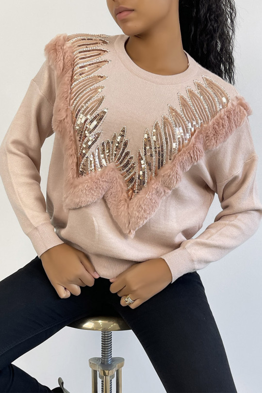 Pink sweater with round neck and faux fur and rhinestone pattern - 5