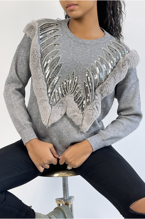 Grijze trui met ronde hals en imitatiebont en strass-patroon - 2
