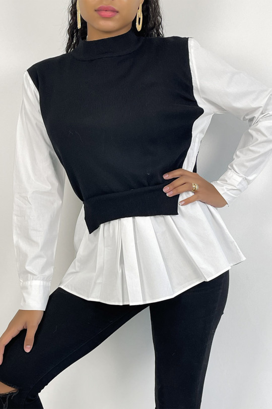 Black bi-material sweater with asymmetric cut shirt - 2
