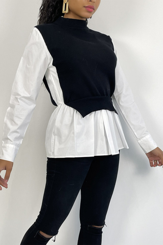 Zwarte trui van twee materialen met asymmetrisch gesneden overhemd - 3