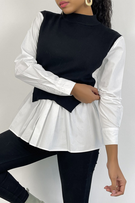 Pull noir bi-matière chemise à coupe asymétrique - 4