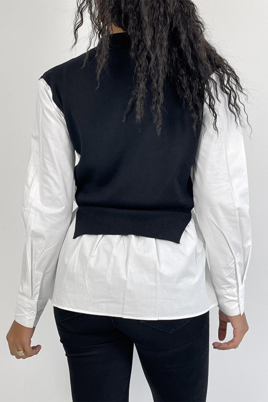 Pull noir bi-matière chemise à coupe asymétrique - 5