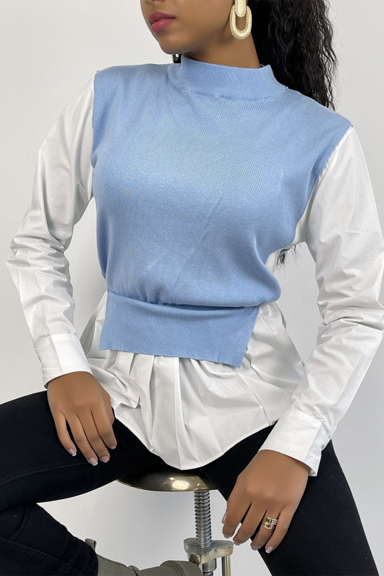 Pull bleu bi-matière chemise à coupe asymétrique - 1