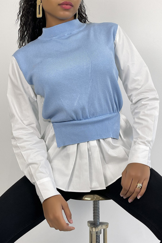 Blue bi-material sweater with asymmetrical cut shirt - 2