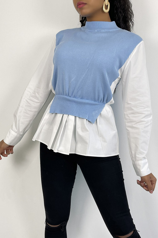 Blue bi-material sweater with asymmetrical cut shirt - 3