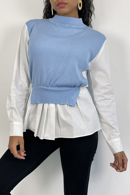 Pull bleu bi-matière chemise à coupe asymétrique - 4