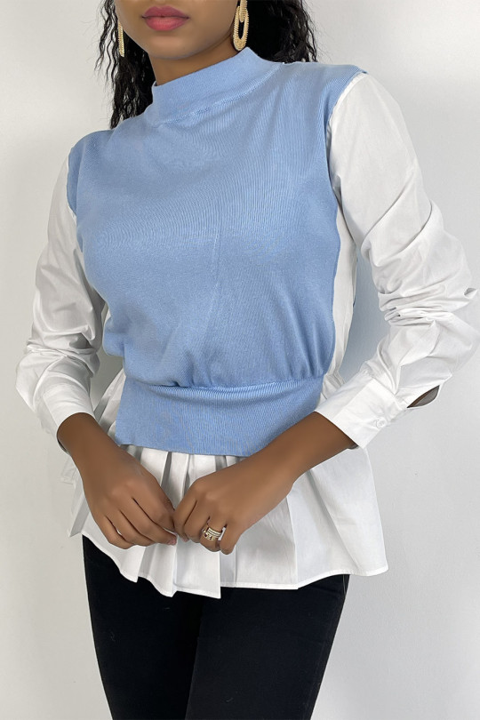 Pull bleu bi-matière chemise à coupe asymétrique - 5