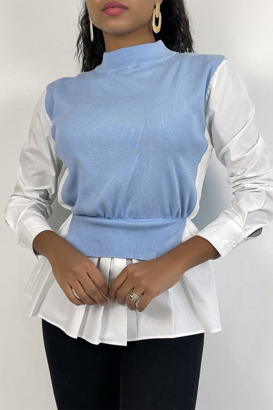 Blue bi-material sweater with asymmetrical cut shirt - 6