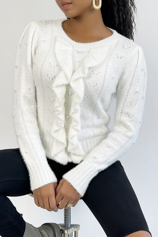 Soft white sweater with pearl and ruffle details - 1
