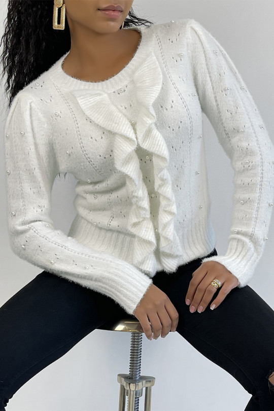Soft white sweater with pearl and ruffle details - 2