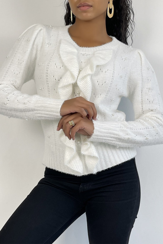 Soft white sweater with pearl and ruffle details - 3