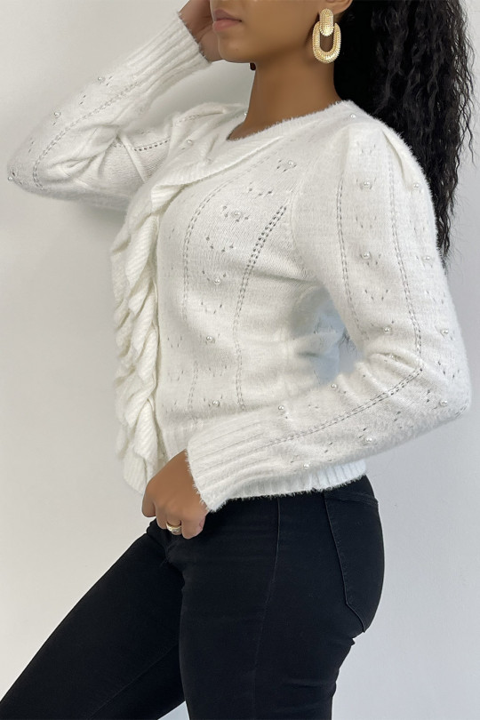 Soft white sweater with pearl and ruffle details - 4