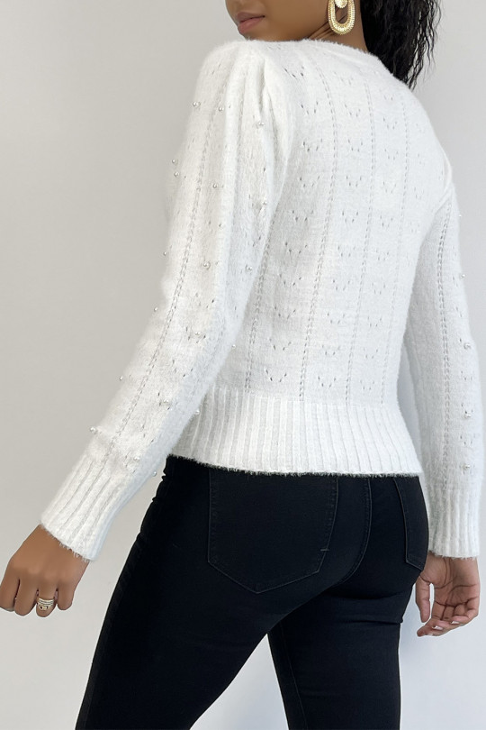 Soft white sweater with pearl and ruffle details - 5