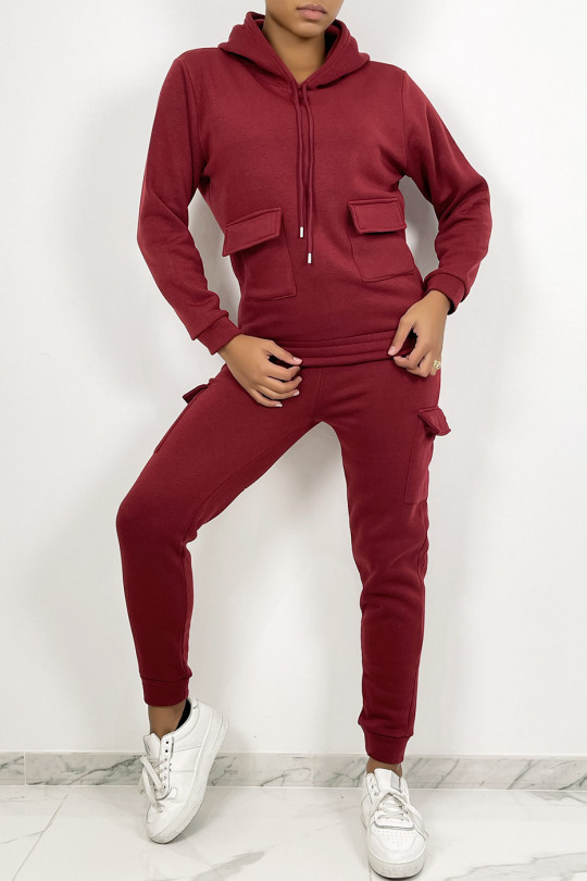 Burgundy red jogging set with pockets and fleece interior - 1