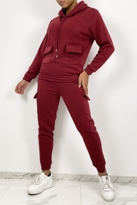 Burgundy red jogging set with pockets and fleece interior - 2