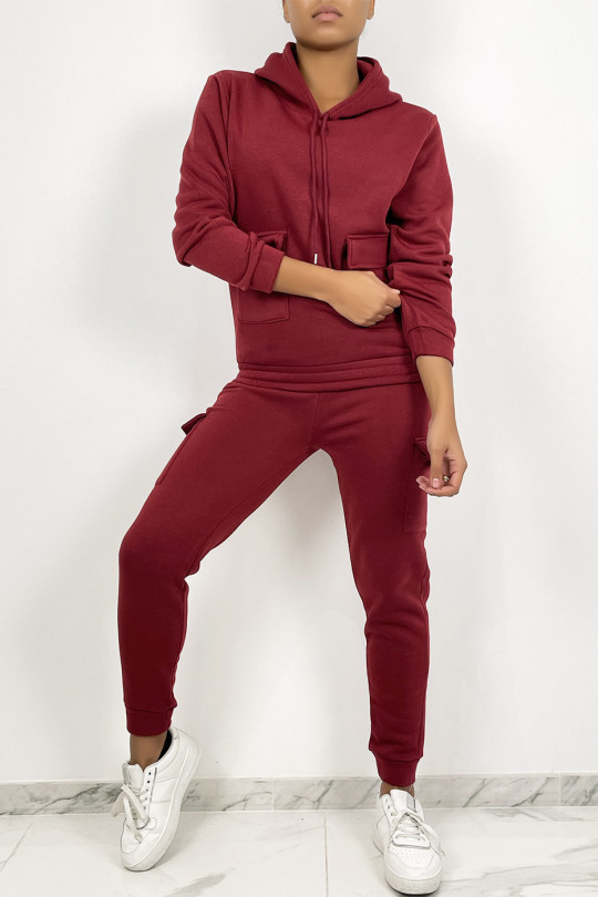 Burgundy red jogging set with pockets and fleece interior - 3