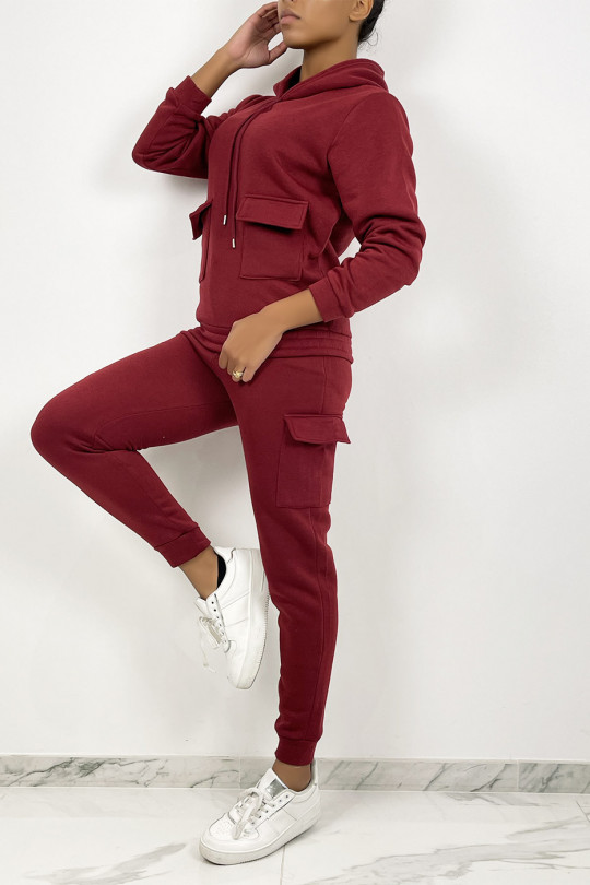 Burgundy red jogging set with pockets and fleece interior - 4