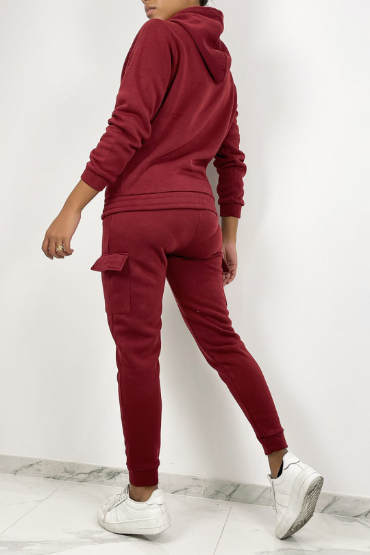 Burgundy red jogging set with pockets and fleece interior - 5