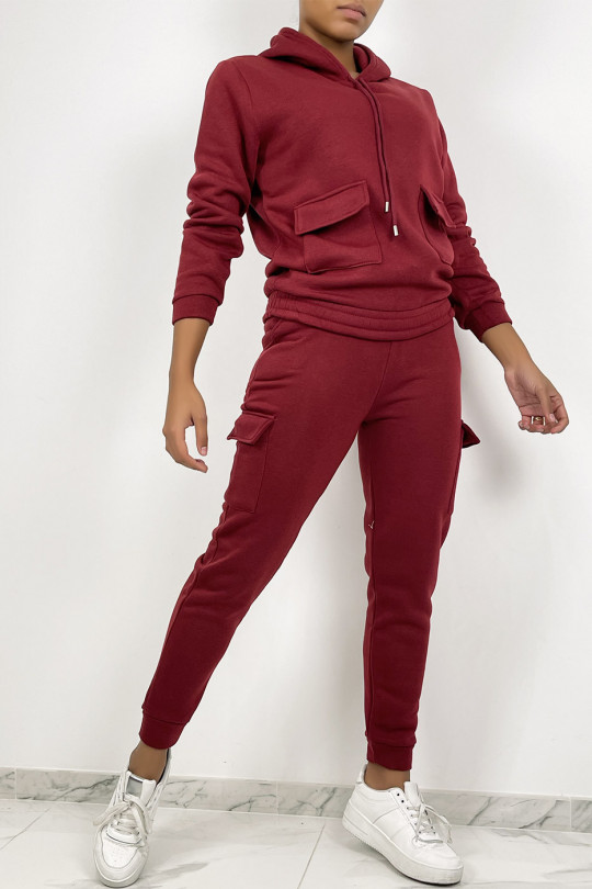 Burgundy red jogging set with pockets and fleece interior - 6